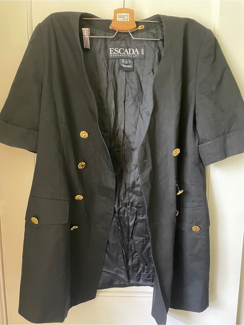 Escada Black Short-Sleeve Double-Breasted Blazer with Gold Buttons